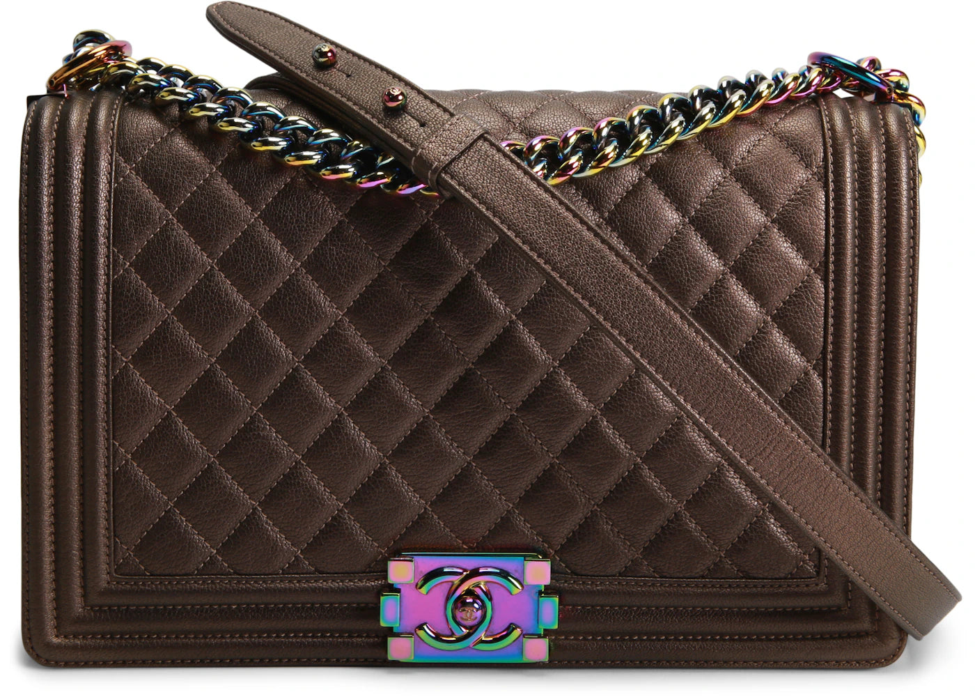 Chanel Boy Flap Quilted Iridescent Goatskin New Medium Dark Gold