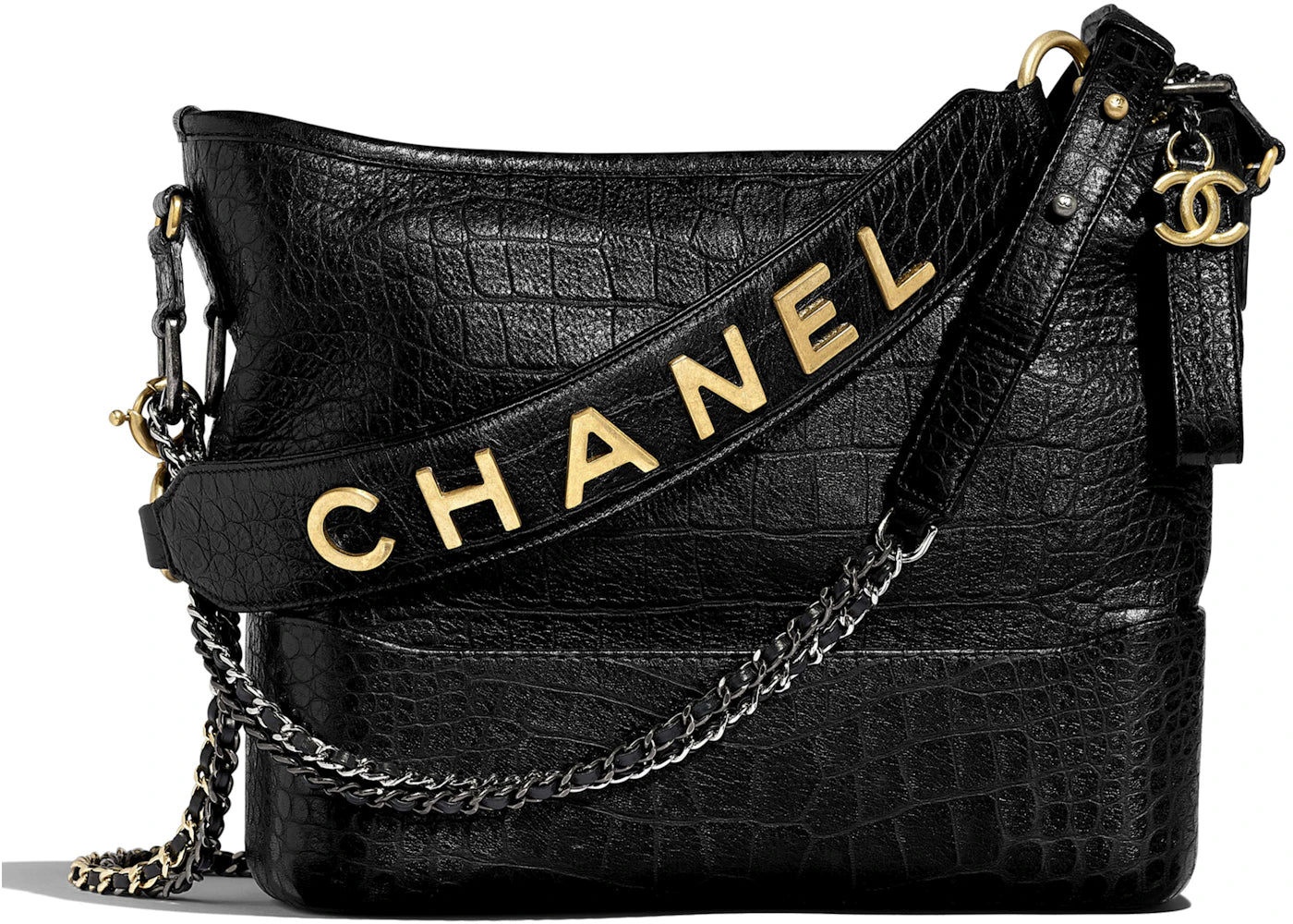 Chanel Gabrielle Hobo Bag Crocodile Embossed Calfskin Gold/Silver-tone Black
