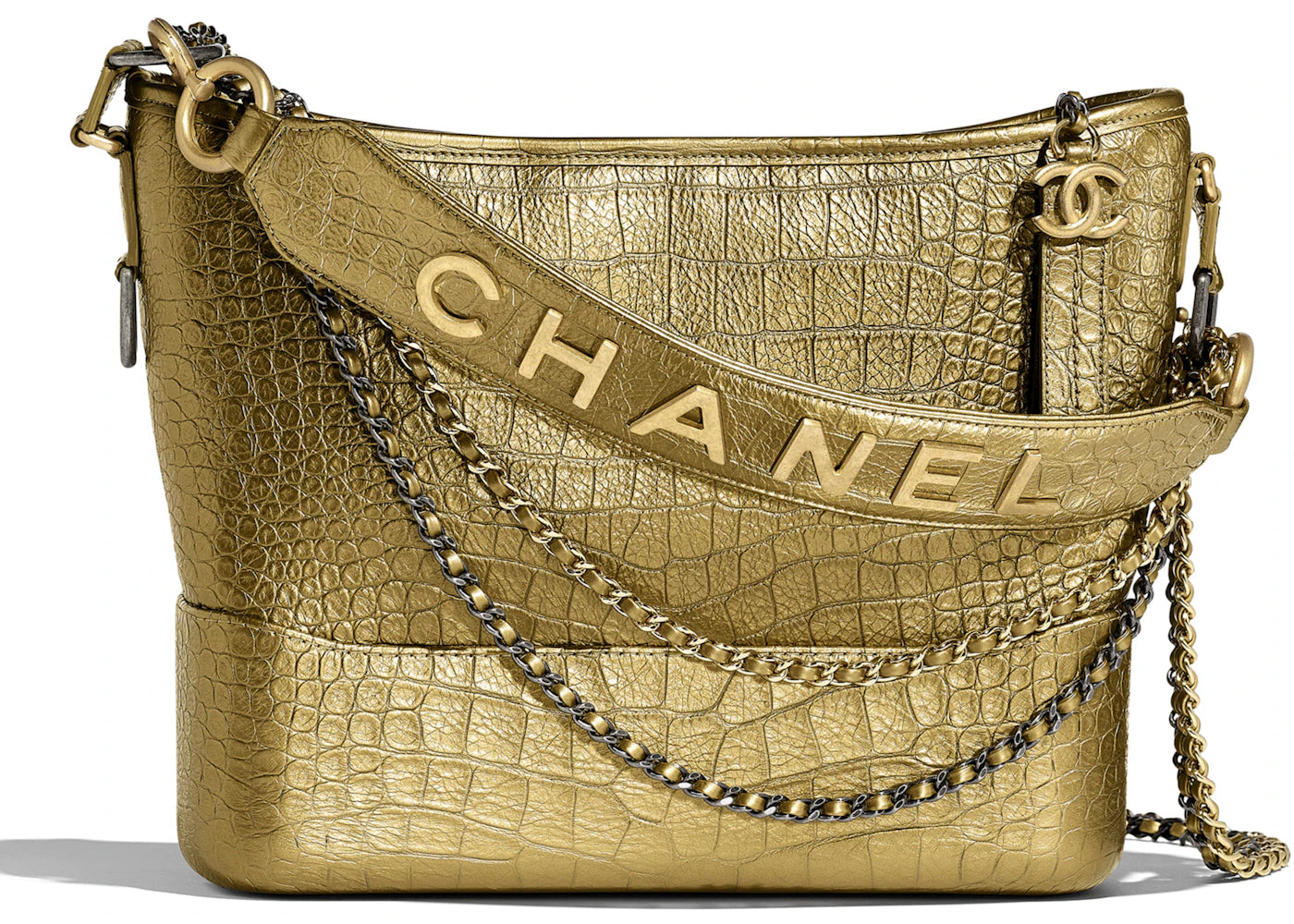 Chanel Gabrielle Hobo Bag Metallic Crocodile Emobssed Calfskin Gold/Silver-tone Gold