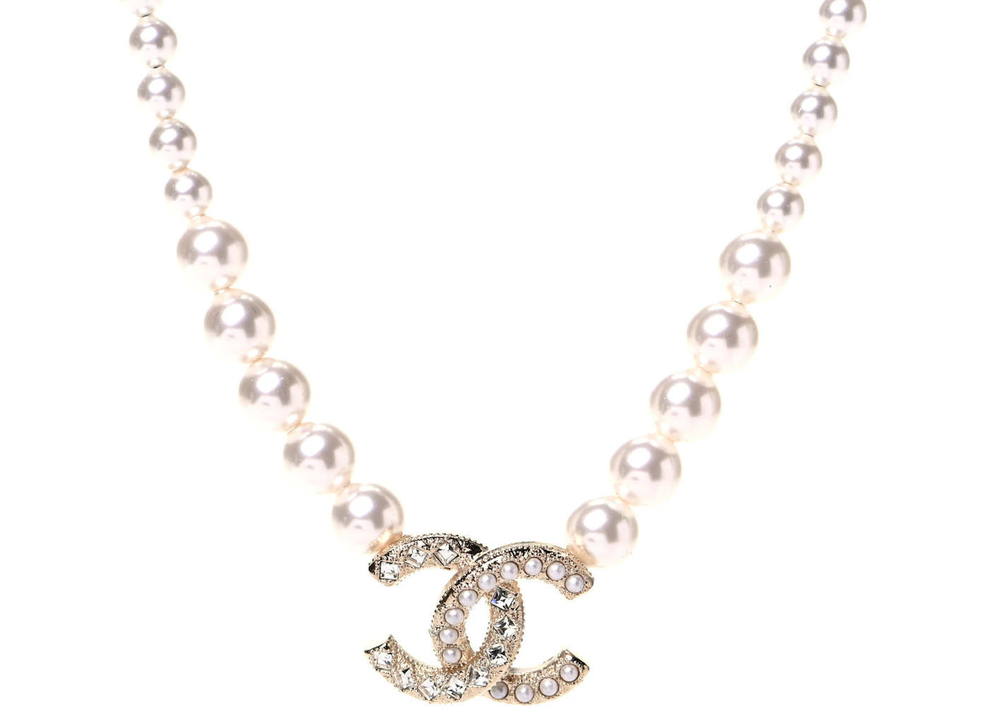 Chanel Pearl Crystal Chain CC Necklace Gold