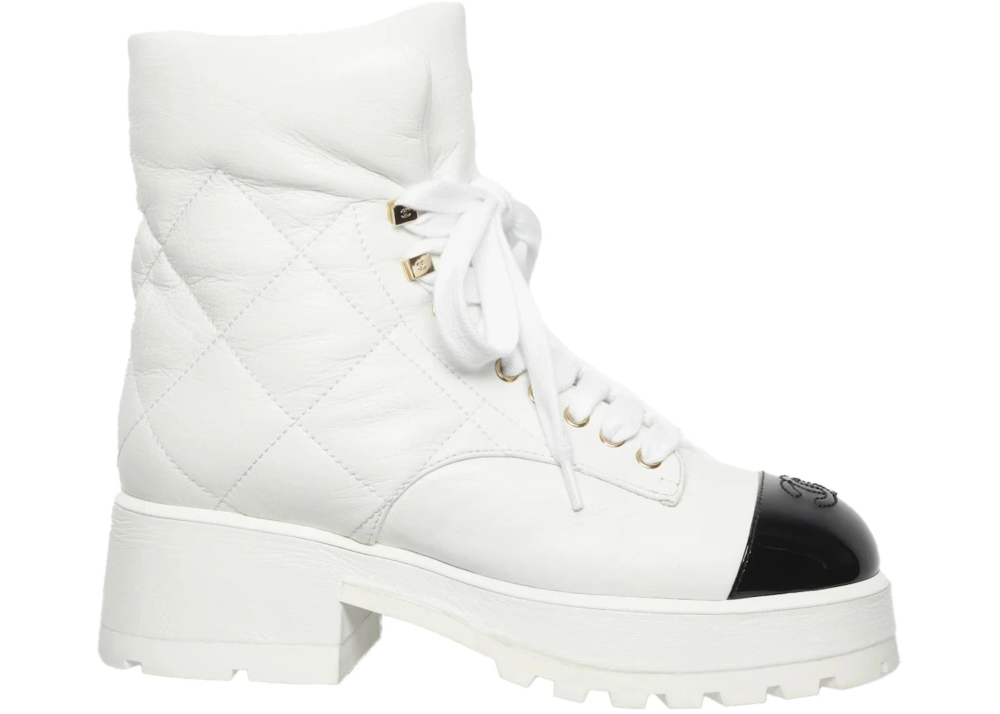Chanel Quilted Lace Up 50mm Combat Boots White Crumpled Patent Lambskin