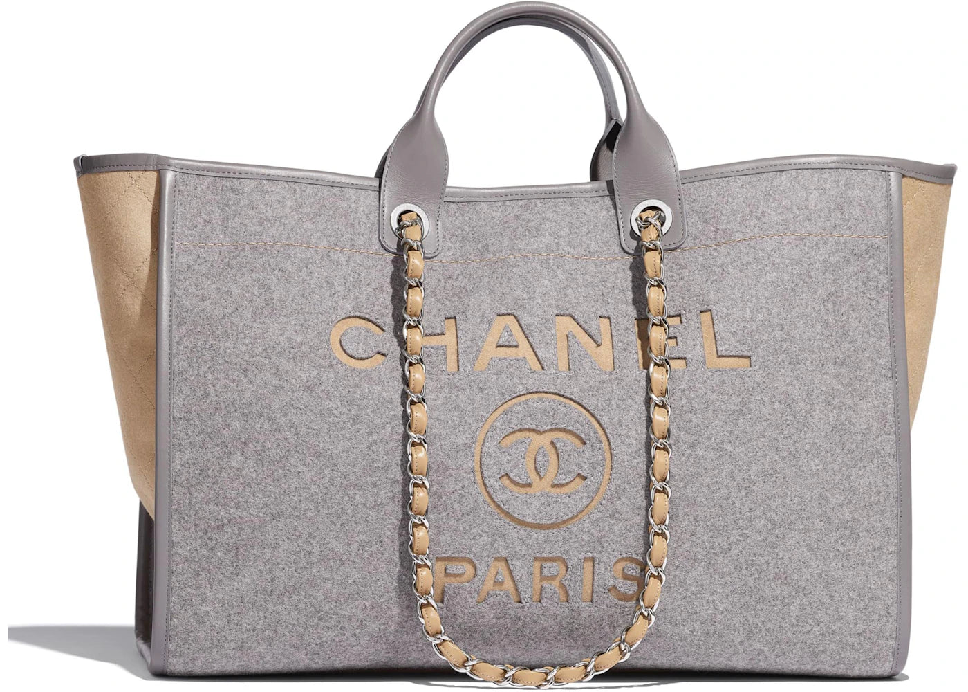 Chanel Shopping Bag Felt/Calfskin Silver-tone Large Gray/Beige