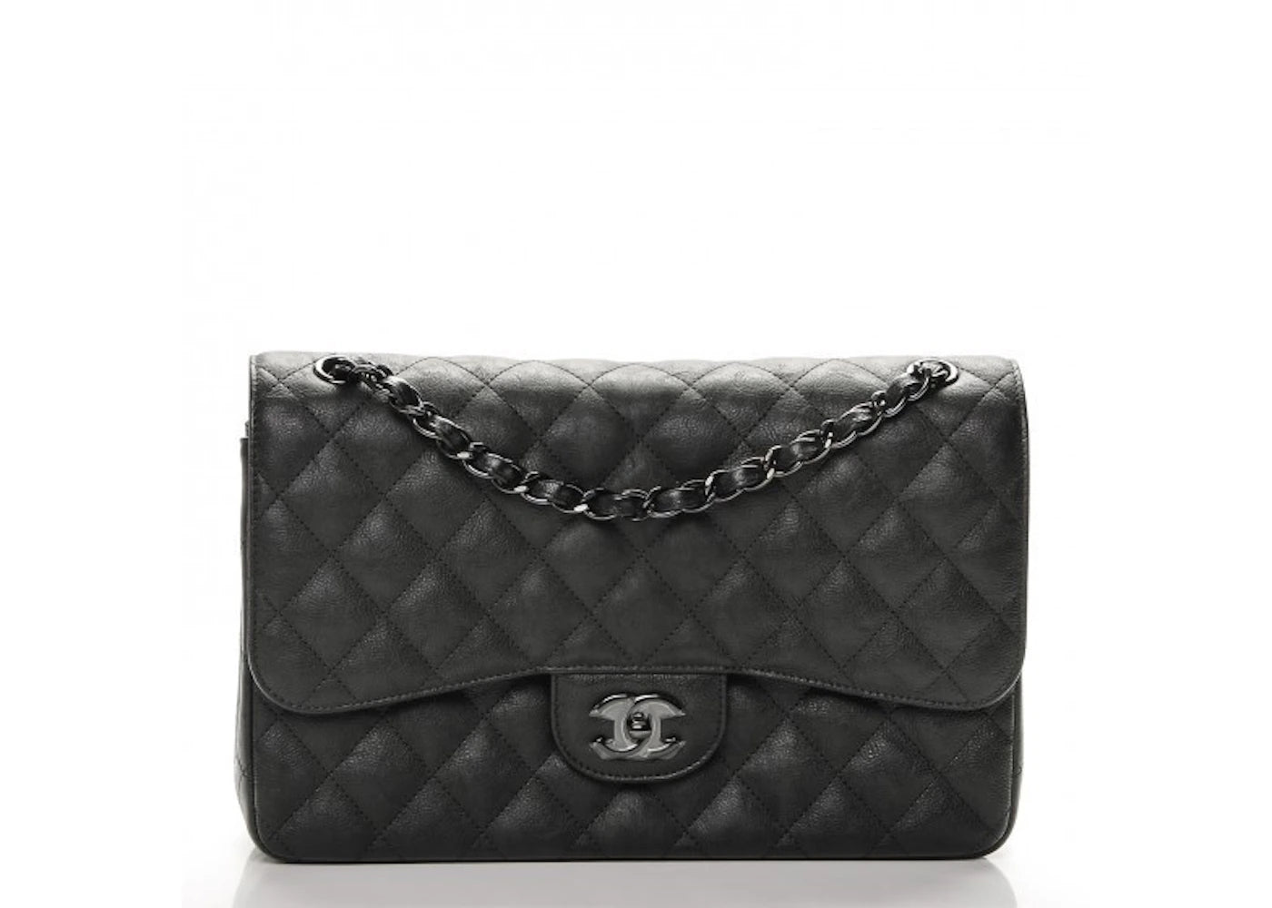 Chanel Classic Double Flap Quilted Crumple Calfskin Gunmetal Jumbo So Black