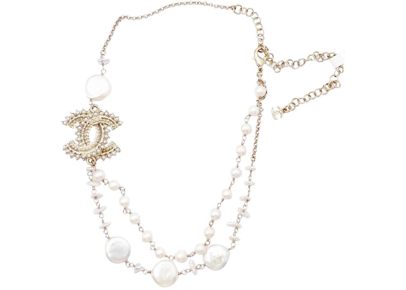 Chanel Stud CC Freshwater Pearl Chain Necklace Gold