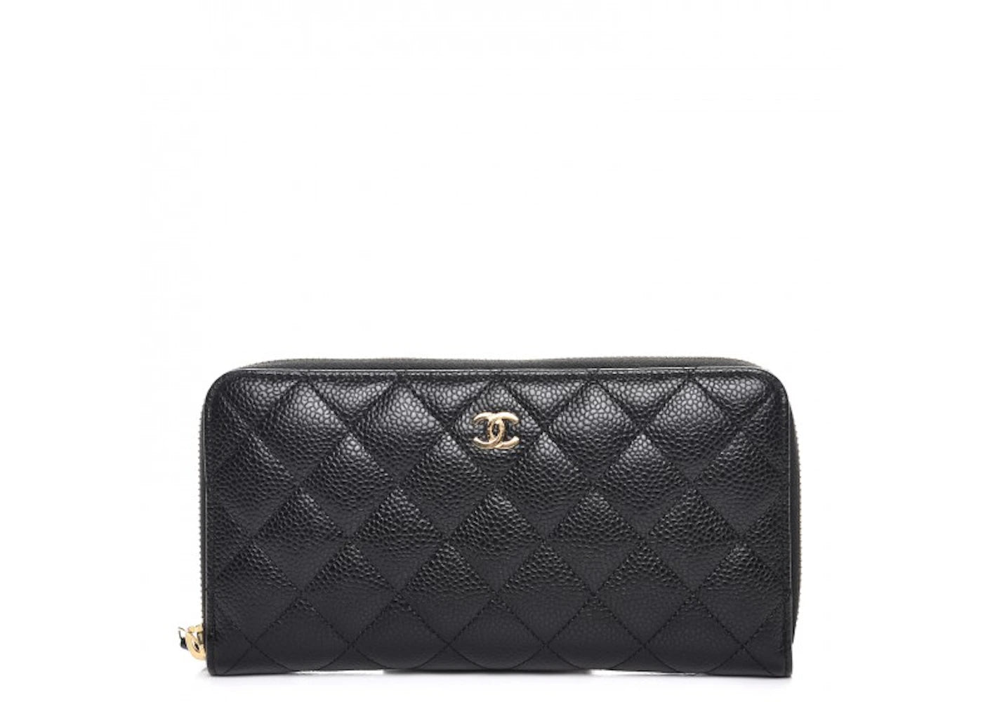 Chanel Gusset Zip Around Wallet Quilted Caviar Gold-tone Large Black