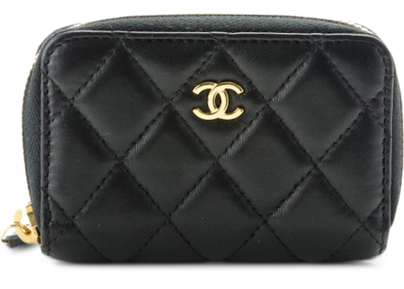 Chanel Zip Around Coin Purse Wallet Quilted Lambskin Gold-tone Black