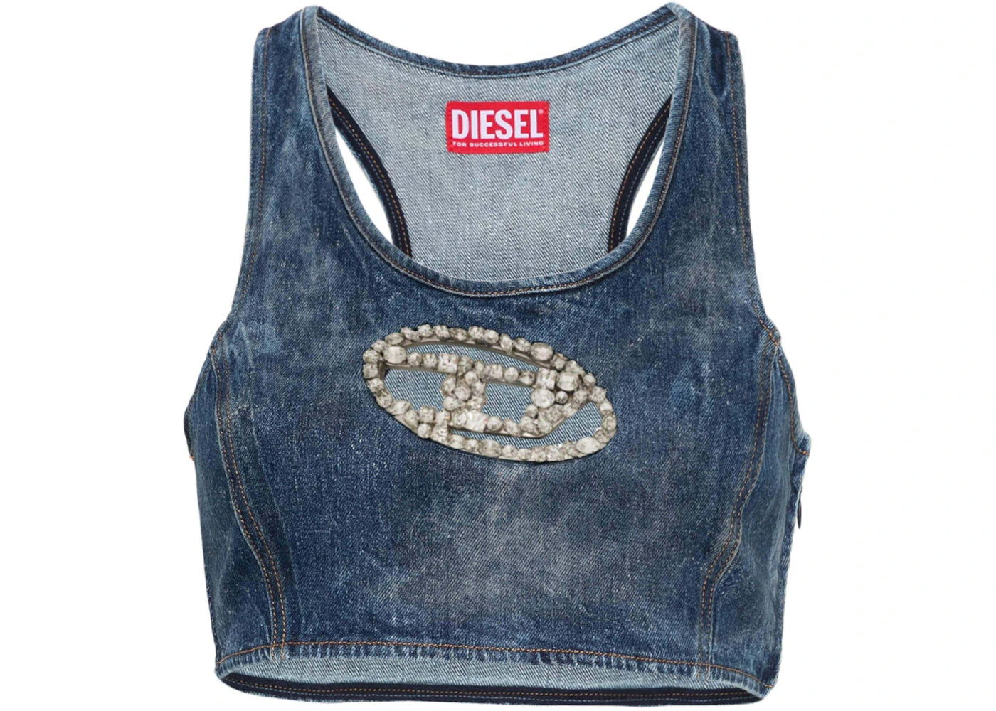 Diesel Denim Crystal Logo Cropped Top Blue