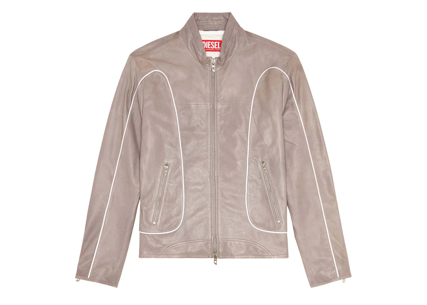 Diesel L-Krix Leather Biker Jacket with Piping Light Grey