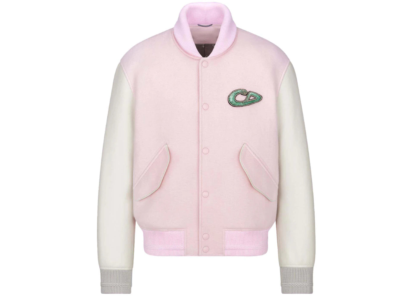 Dior x KAWS Varsity Jacket Pink Virgin Wool and Cashmere with Beige Cowhide Leather