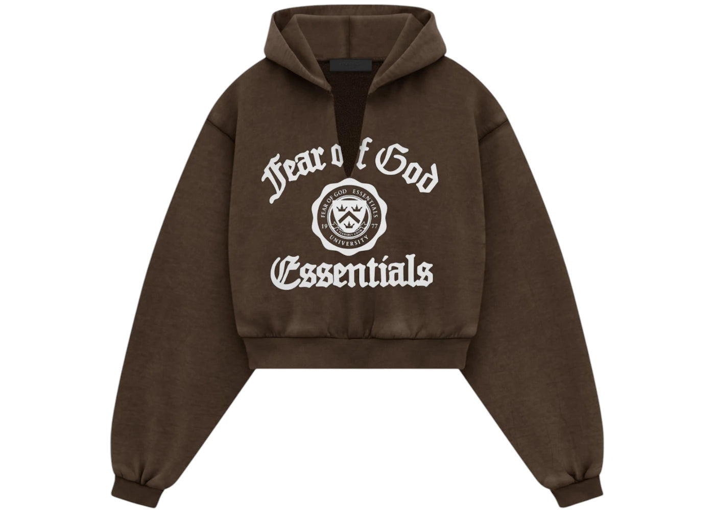 Fear of God Essentials Women's Heavy Fleece Cropped V-Neck Hoodie Brown