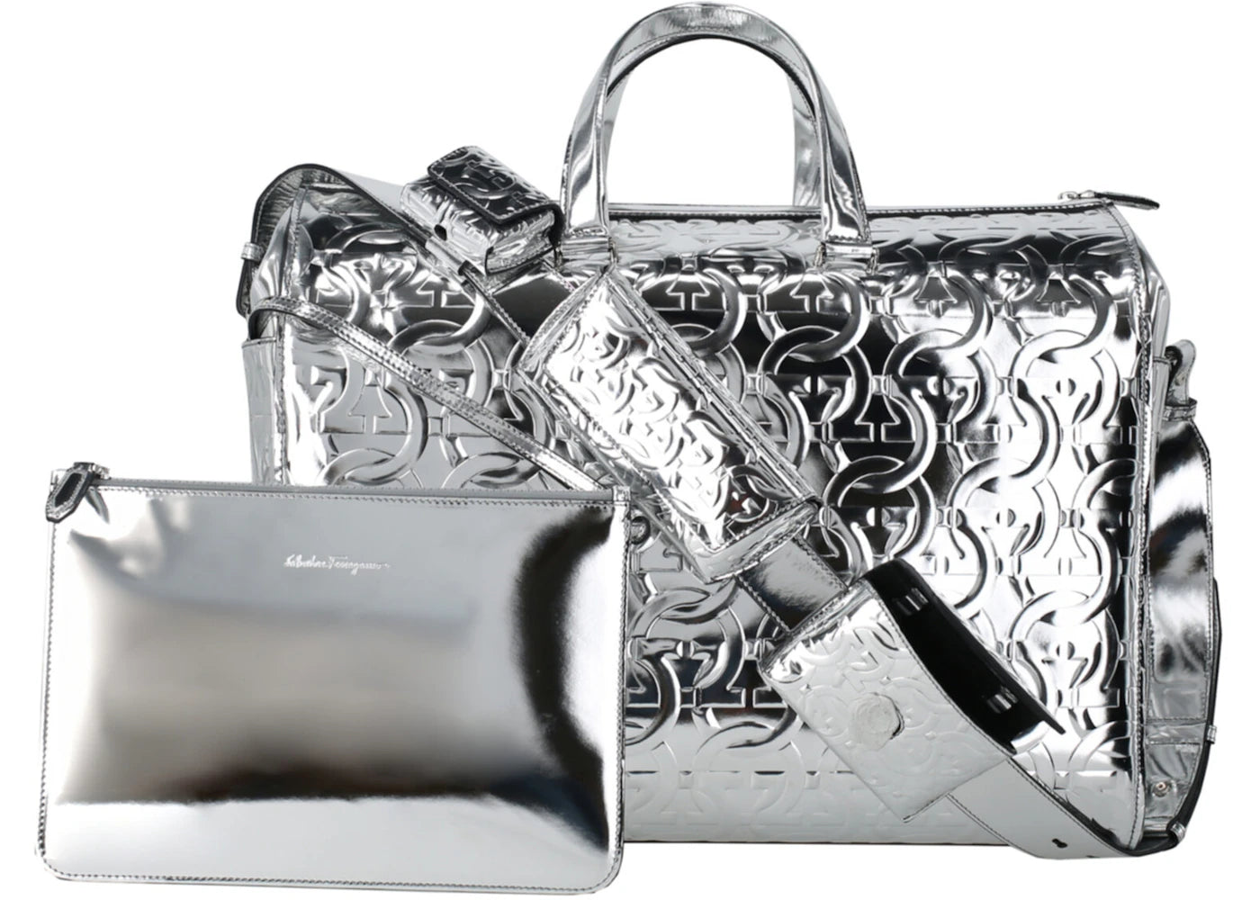 Ferragamo Brooklyn Monogram Metallic Leather Tote Silver