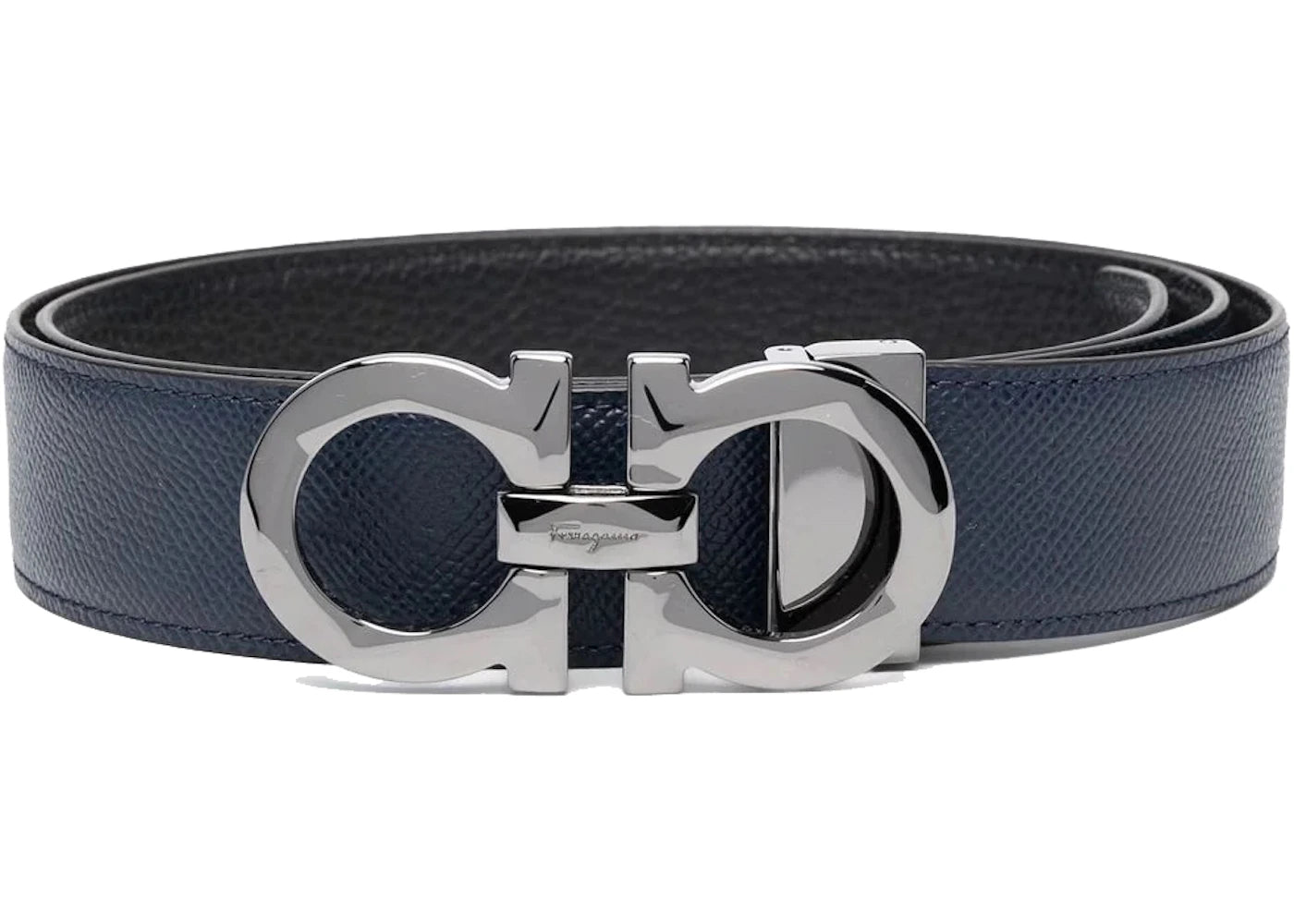 Ferragamo Reversible And Adjustable Gancini Belt Engraved Navy/Black