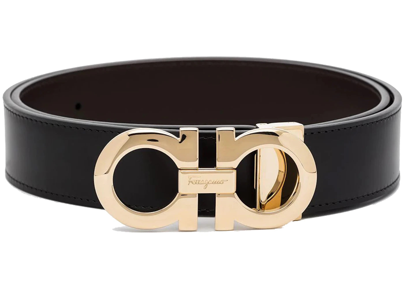Ferragamo Reversible And Adjustable Gancini Belt Polished Black/Gold