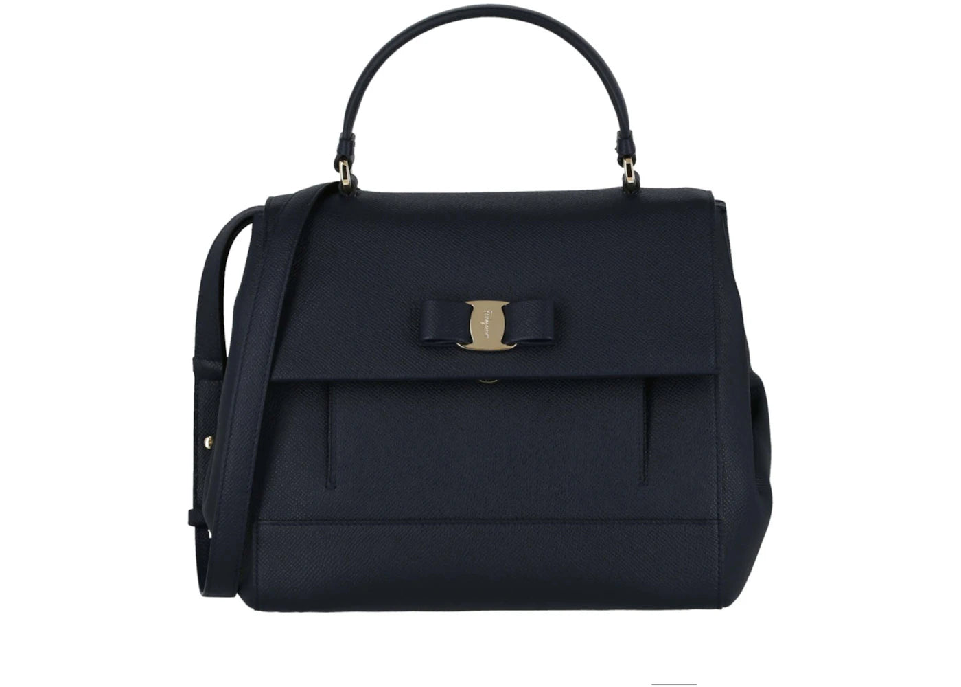 Ferragamo Vara Bow Pebbled Leather Shoulder Bag Navy