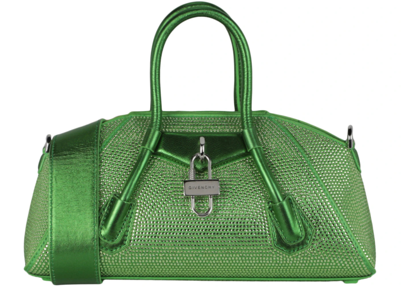 Givenchy Mini Antigona Stretch Top Handle Bag In Satin With Strass Absynthe Green