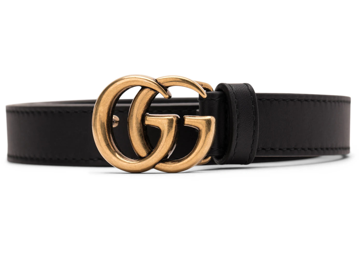 Gucci Double G Thin Leather Belt Antique Brass Buckle 0.8 Width Black