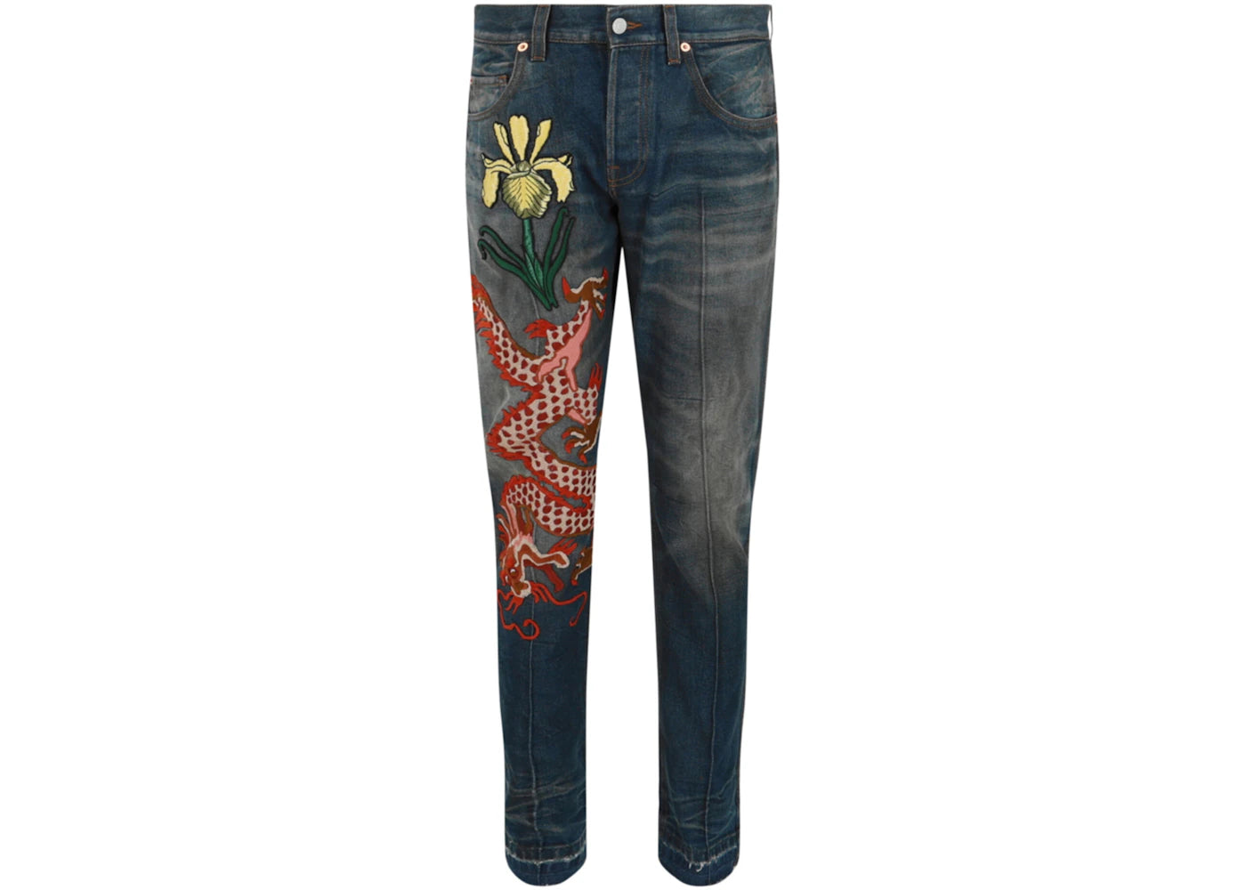 Gucci Dragon Embroidered Tapered Jeans Blue Multi
