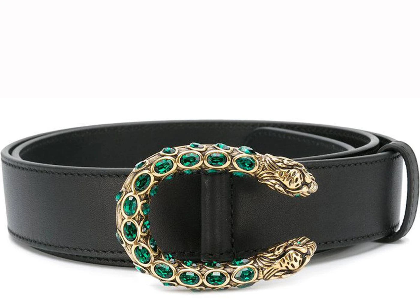 Gucci Emerald Crystal Dionysus Buckle Leather Belt 1"W Black