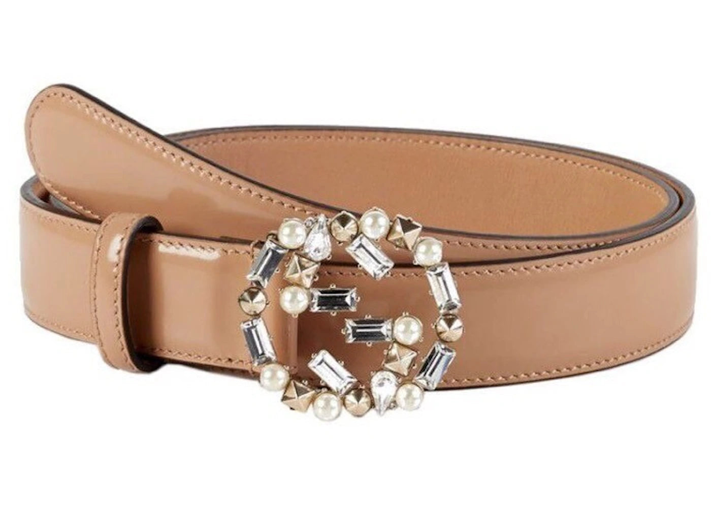 Gucci Interlocking G Belt Crystal Pearl Rose Beige