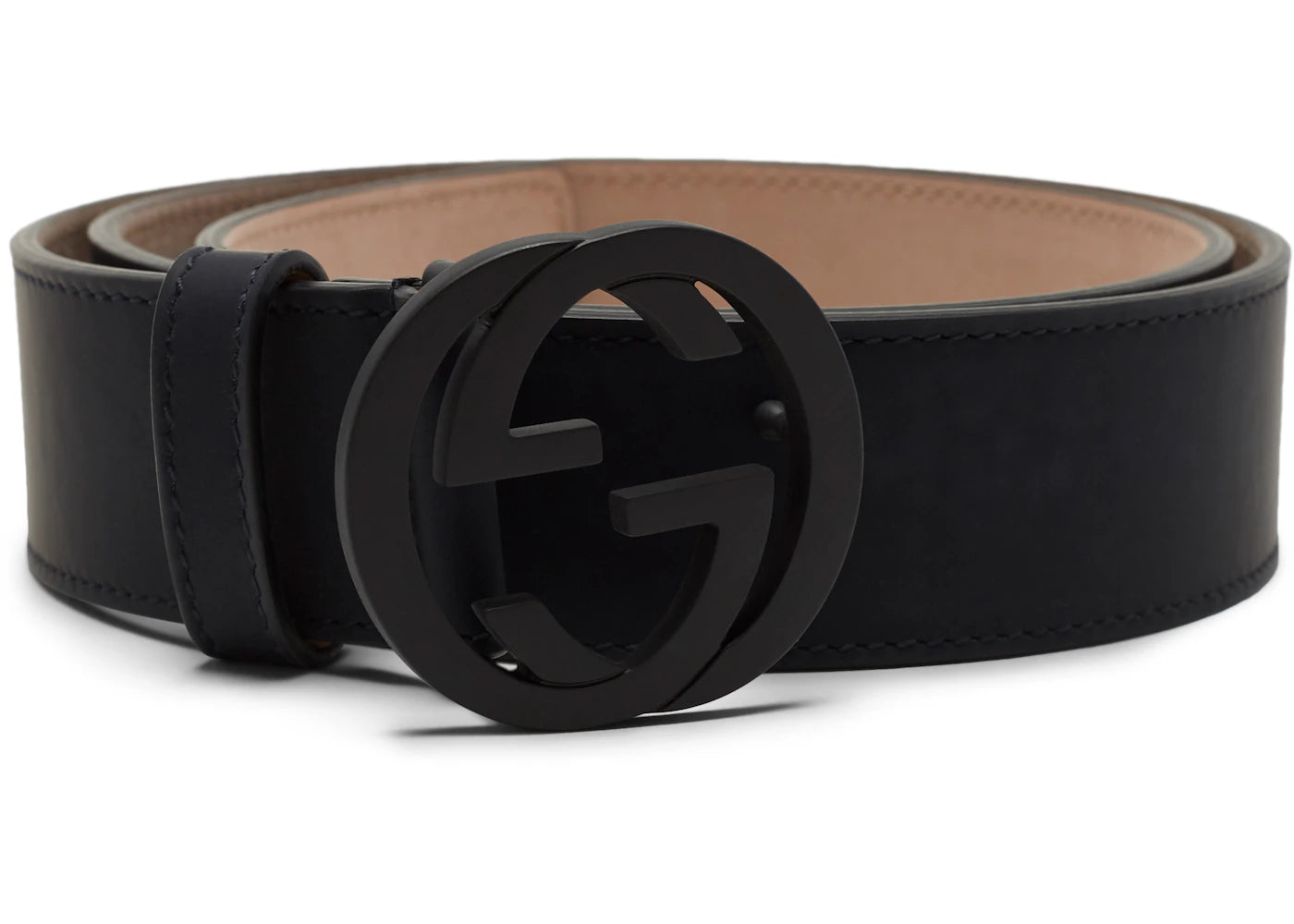 Gucci Leather Belt Interlocking G Matte Black Buckle Navy Blue