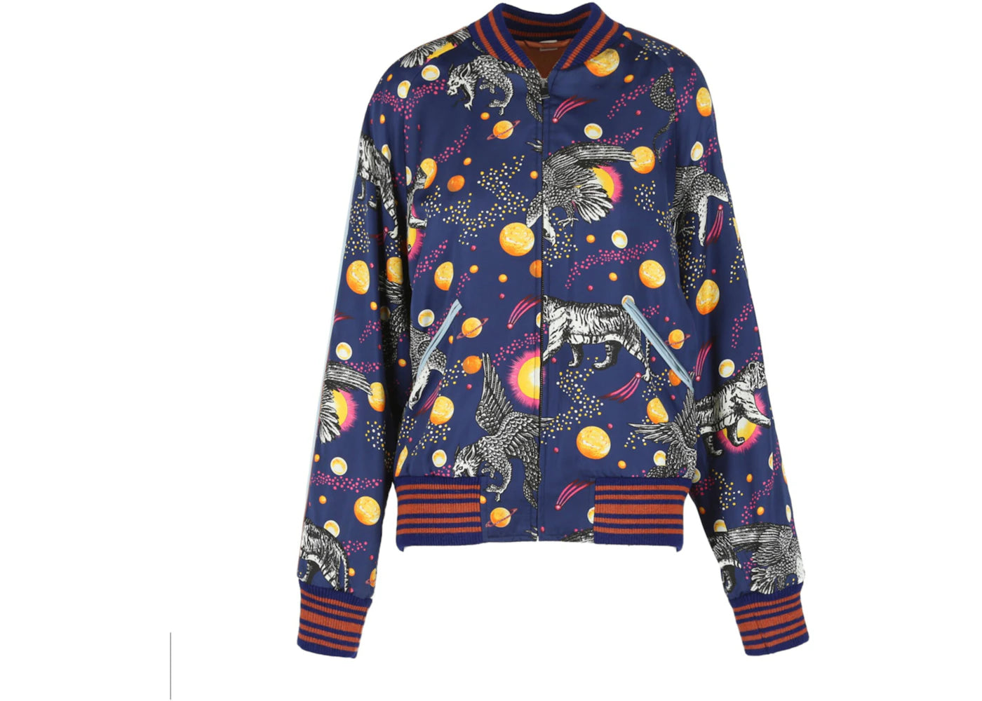 Gucci Space Animals Silk Bomber Jacket Blue Print/Rose Sail
