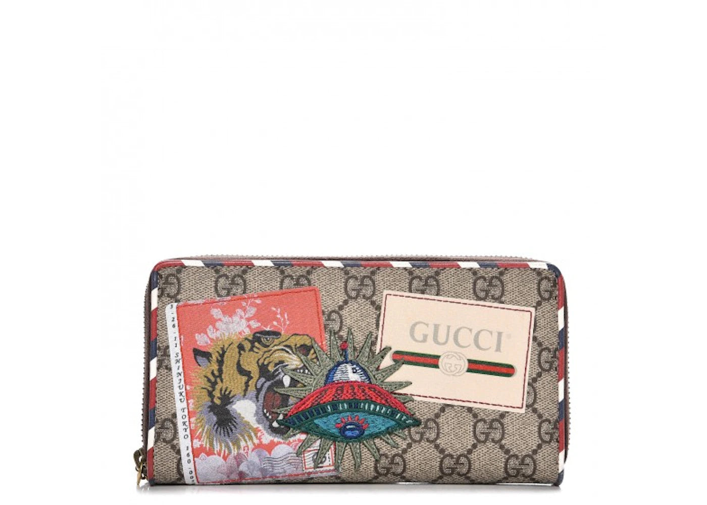 Gucci Zip Around Wallet Monogram GG Supreme Embroidered Red/White/Brown/Green