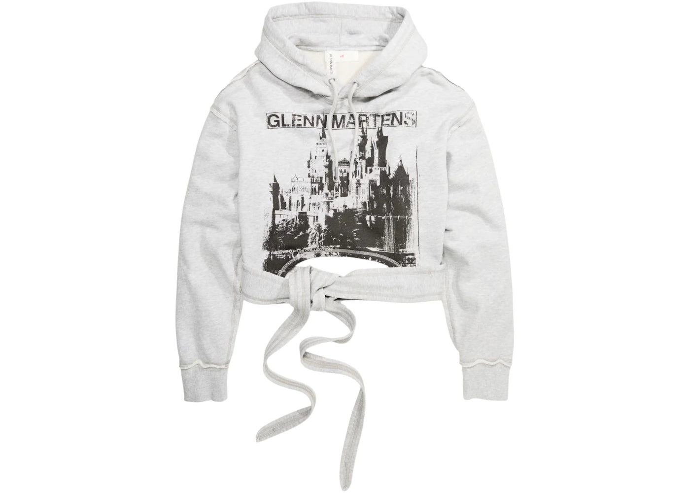 H&M x Glenn Martens Tie-Detail Printed Hoodie Light Grey Melange