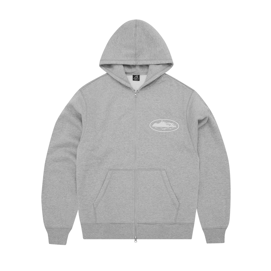 Corteiz Island Puff Print Zip Hoodie Heather Grey
