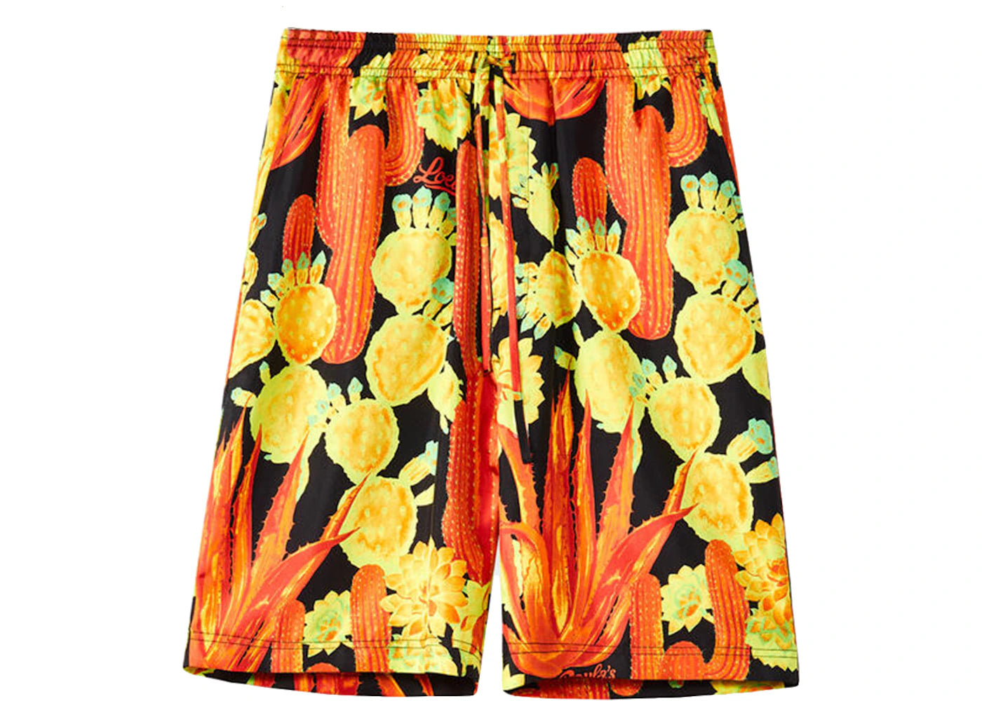 LOEWE Cactus Print Silk Drawstring Shorts Black/Yellow