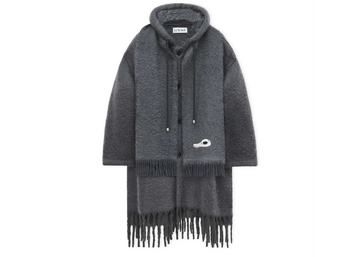 LOEWE Hooded Scarf Coat In Wool and Mohair Dark Grey Melange