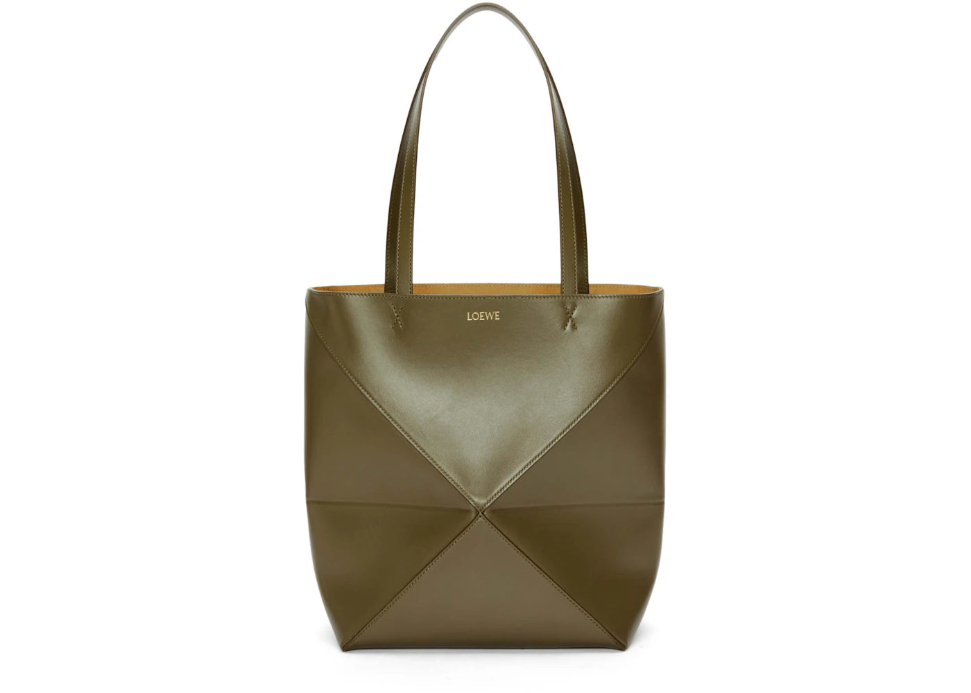 LOEWE Medium Puzzle Fold Tote in Shiny Calfskin Dark Khaki Green
