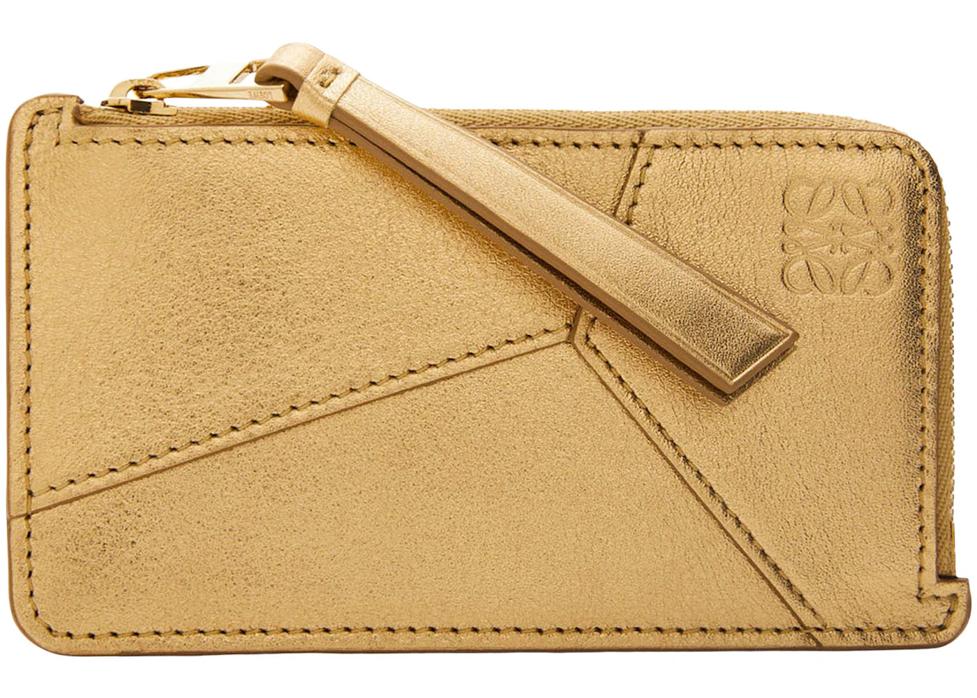 LOEWE Puzzle Coin Cardholder in Metallic Calfskin Gold/Oak