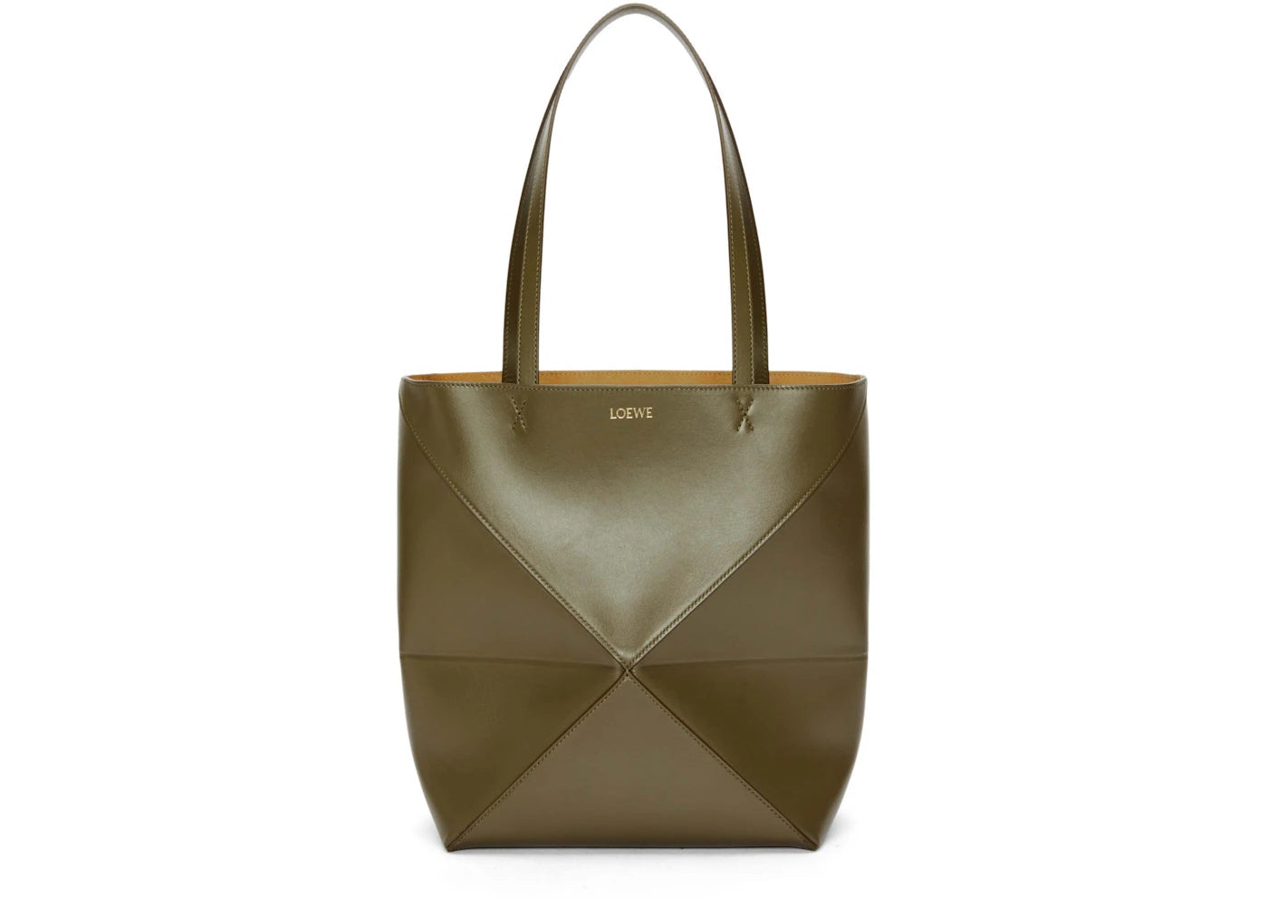 LOEWE Puzzle Fold Tote in Shiny Calfskin Dark Khaki Green