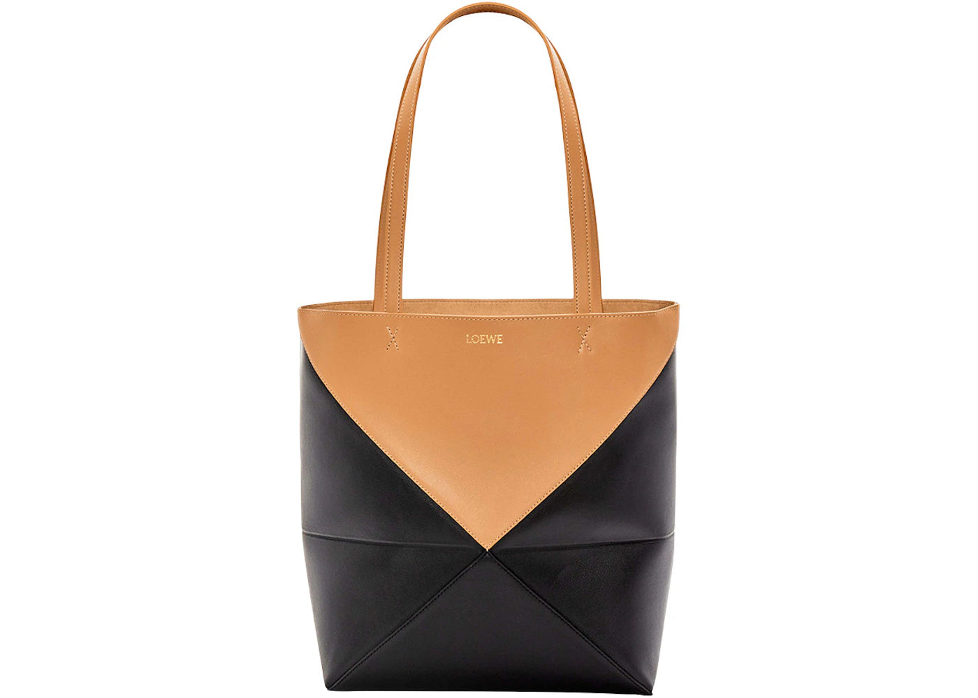 LOEWE Puzzle Fold Tote in Shiny Calfskin Warm Desert/Black