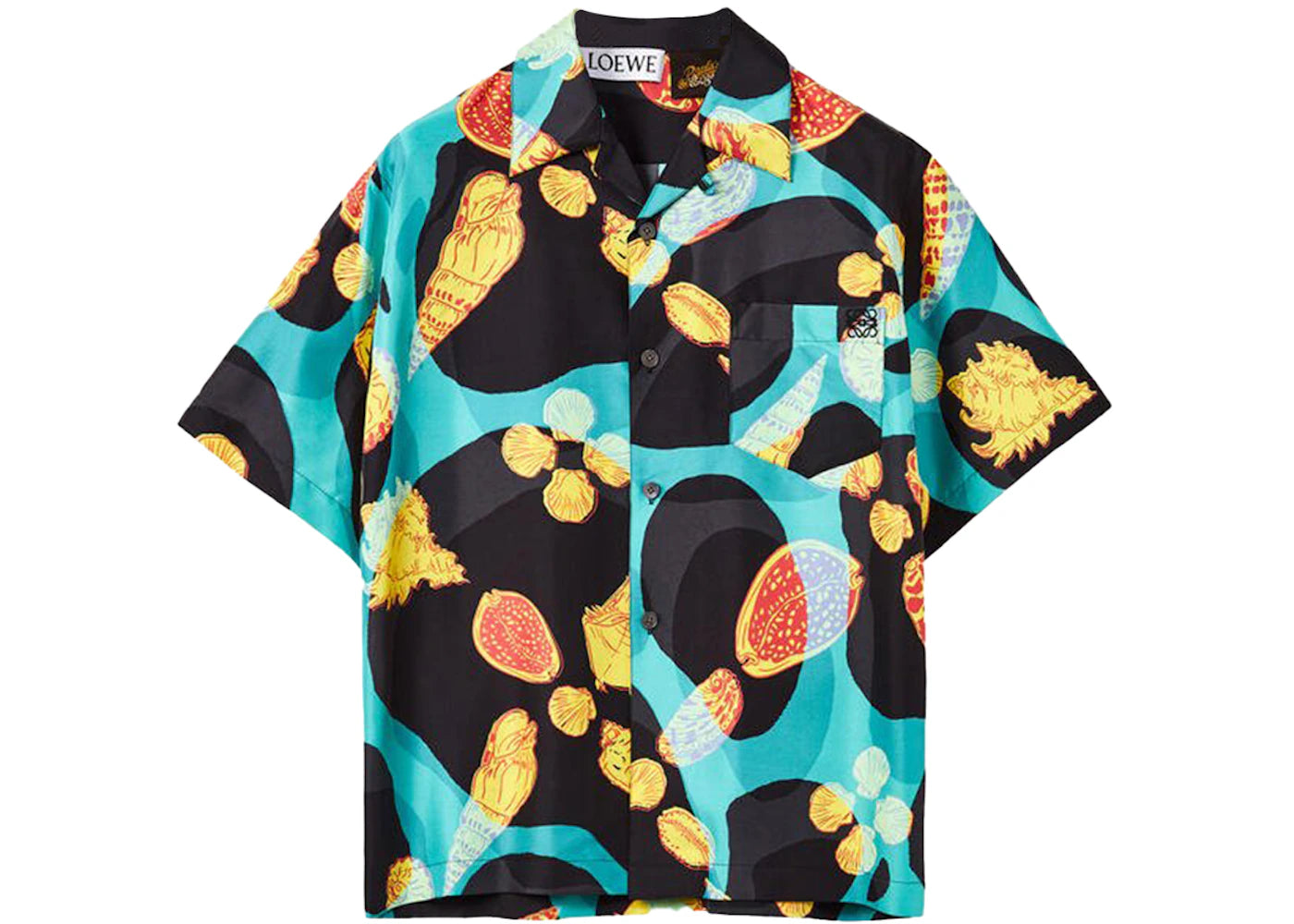 LOEWE Shell Print Silk Bowling Shirt Black/Turquoise