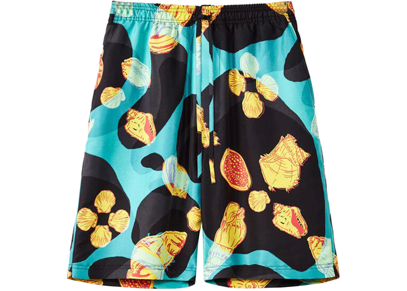 LOEWE Shell Print Silk Drawstring Shorts Black/Turquoise