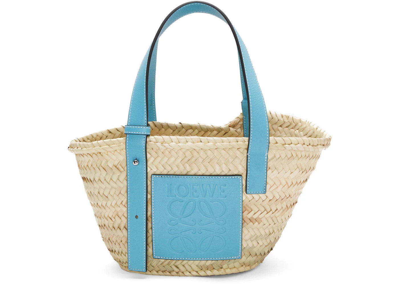 LOEWE x Howls Small Basket Bag In Palm Leaf And Calfskin Light Blue