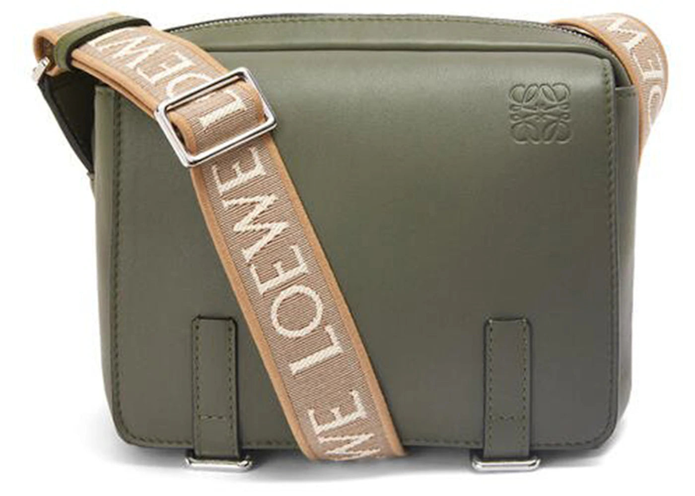 LOEWE Military Messenger Bag in Soft Grained Calfskin and Jacquard XS Khaki Green