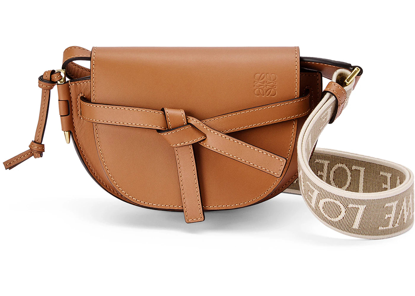 LOEWE Mini Gate Dual Bag in Soft Calfskin and Jacquard Tan