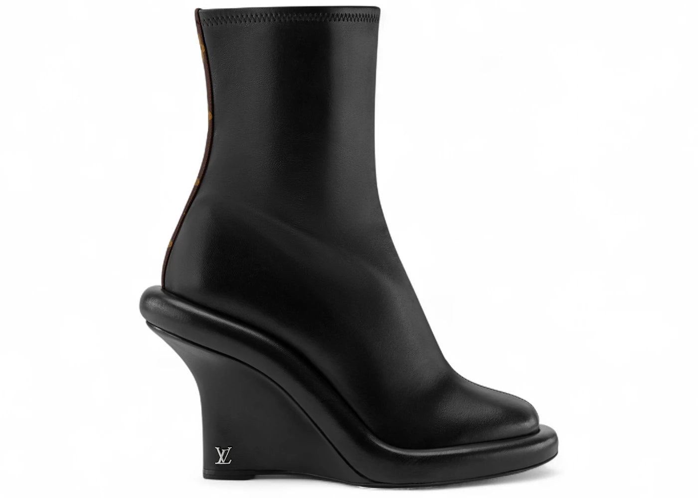 Louis Vuitton Lounge Wedge Ankle Boots Black Leather Monogram Canvas (Women's)