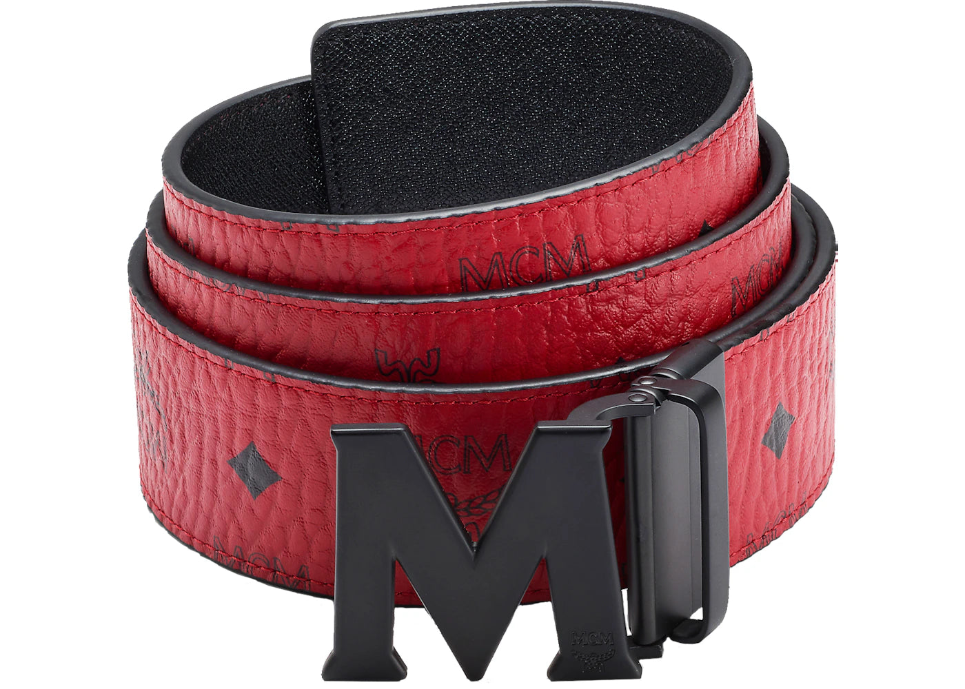 MCM Claus M Reversible Belt Visetos Matte Black-tone 1.75W 51In/130Cm Ruby Red
