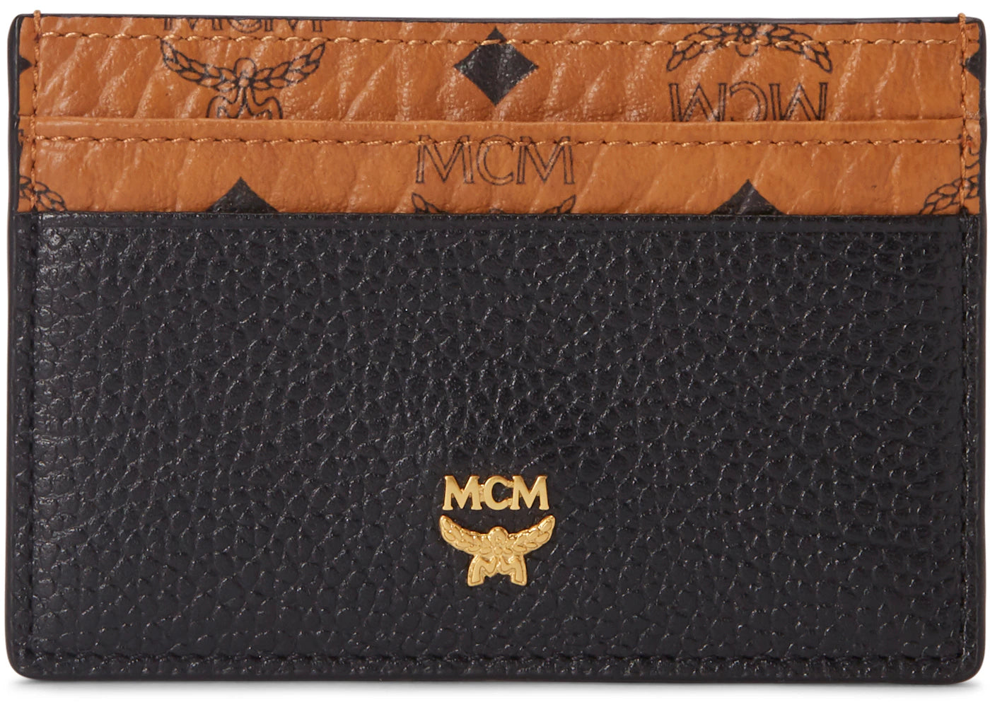 MCM Corina Card Case Visetos Black Leather Block Mini Cognac