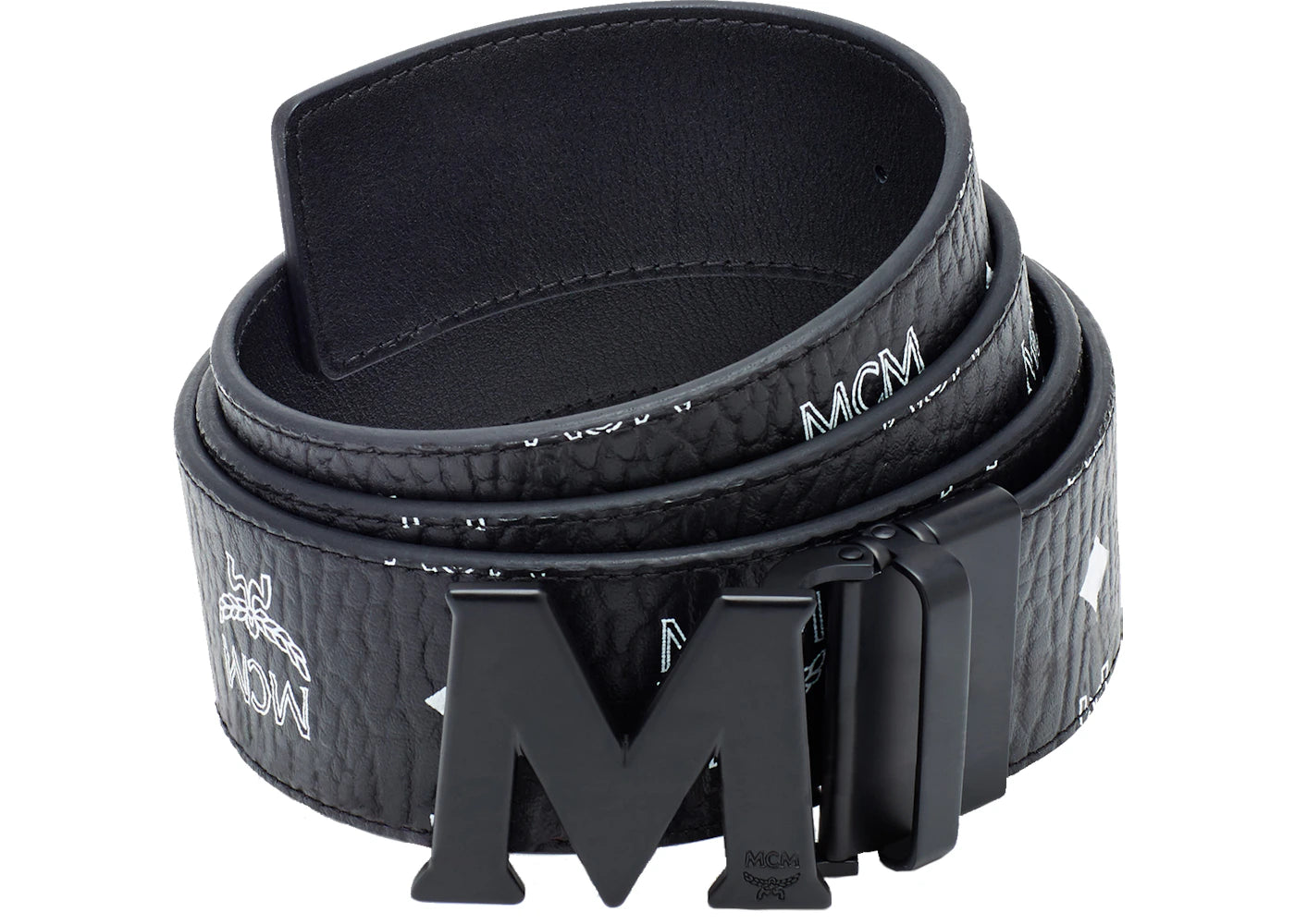 MCM M Reversible Belt Visetos White Logo 1.75W 51In/130Cm Black