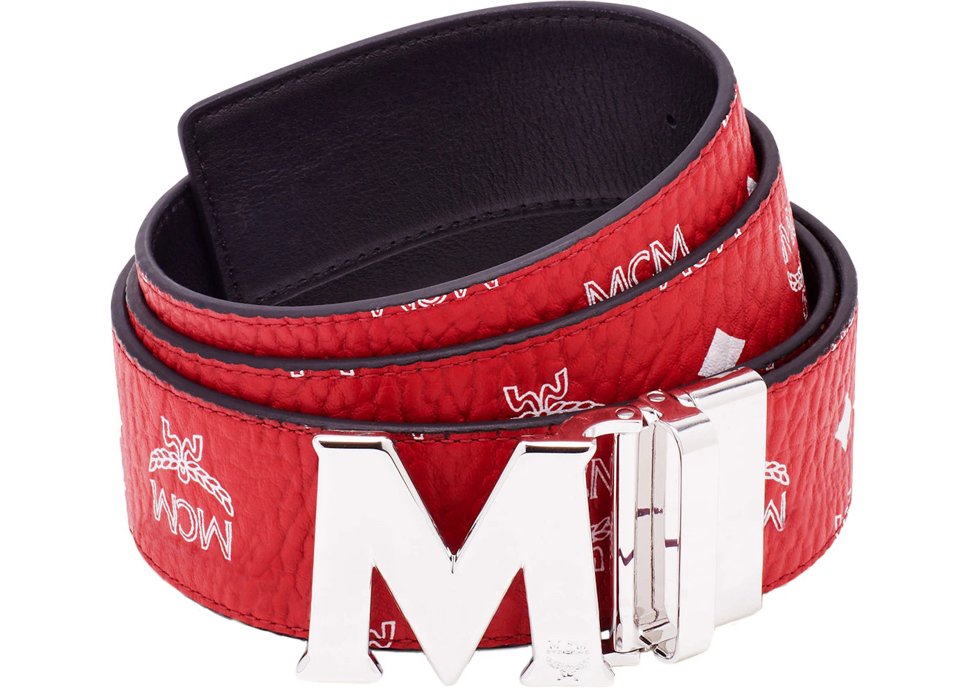 MCM M Reversible Belt Visetos White Logo 1.75W 51In/130Cm Ruby Red