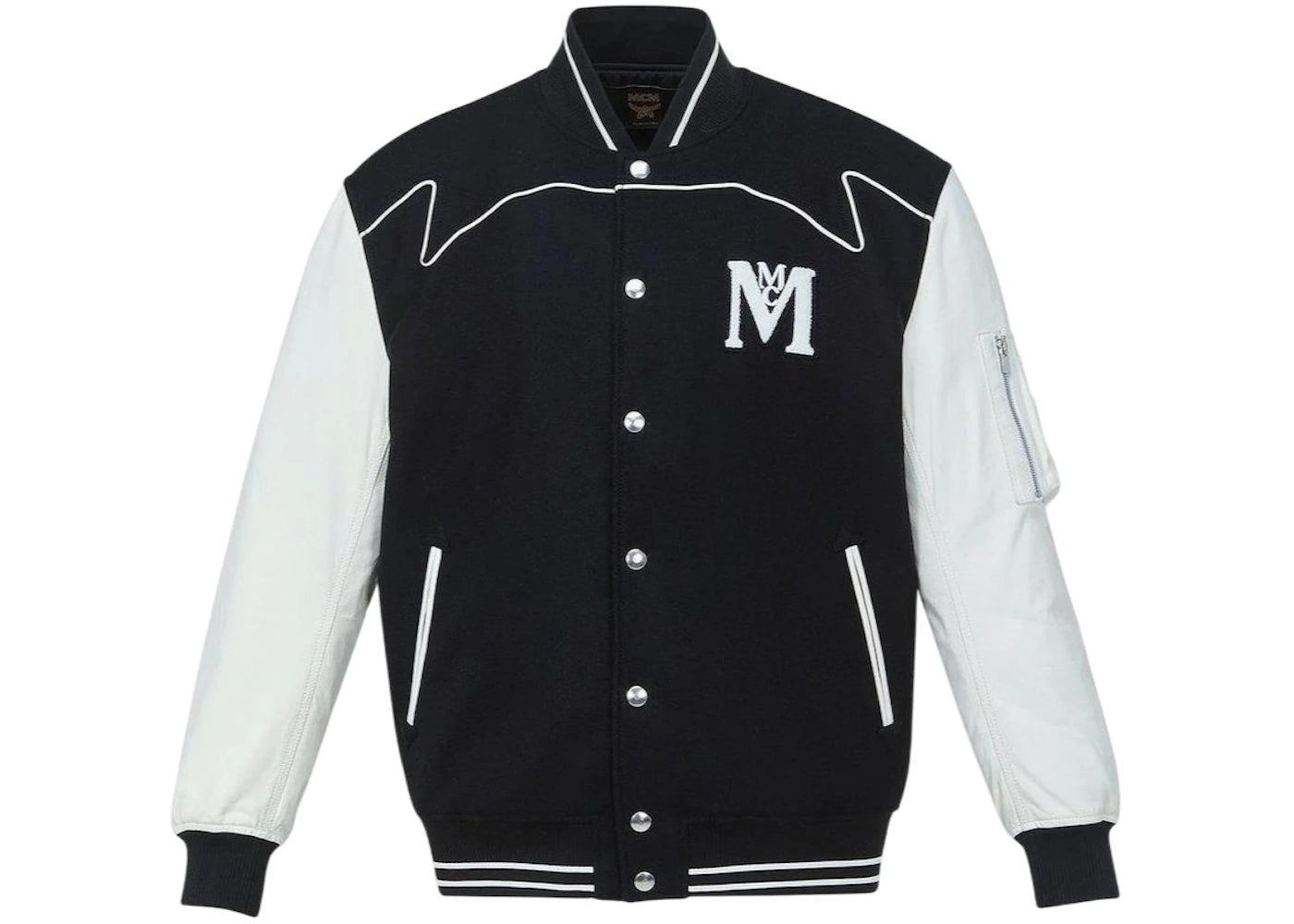 MCM Studded Varsity Jacket In Wool Felt and Lamb Leather Jacket Black White