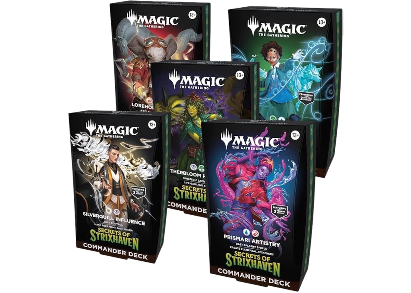 Magic: The Gathering Secrets of Strixhaven (Silverquill Influence, Prismari Artistry, Witherbloom Pestilence, Lorehold Spirit, Quandrix Unlimited) Commander Deck Bundle