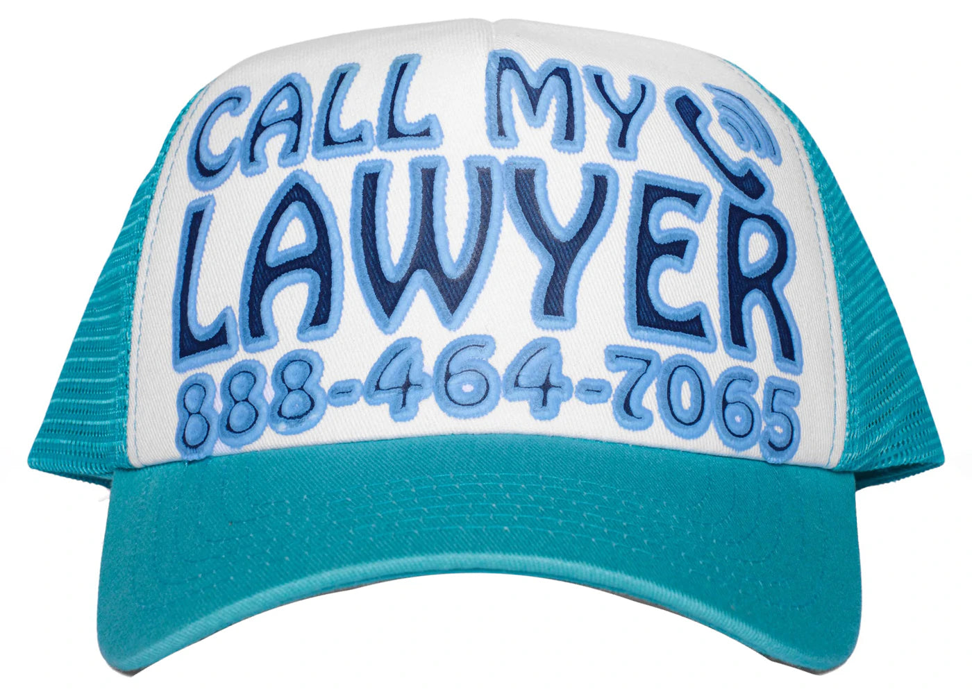 Market Call My Lawyer Trucker Hat Teal/White