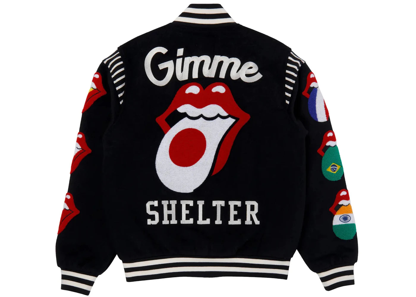 Market MKT Rolling Stones World Flag Bomber Varsity Jacket Black