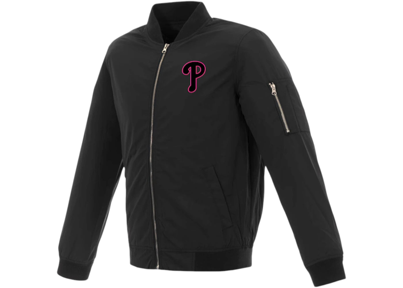Mitchell & Ness Women's Philadelphia Phillies JH Design Nylon Bomber Jacket Black/Pink