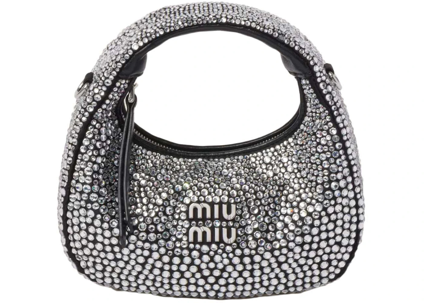 Miu Miu Wander Satin and Silk Mini Hobo Bag with Synthetic Crystals Black